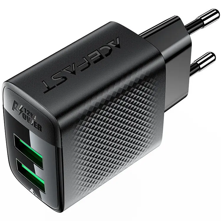 Зарядний пристрій 2xUSB 12W (2xUSB-A) A86 Чорний Acefast - фото 3
