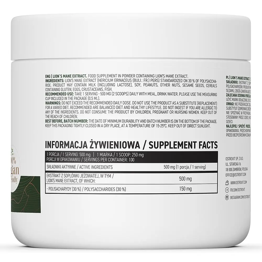 Екстракт гриба левової гриви OstroVit Vege Lion's Mane Extract, 50 грам для підтримки пам'яті та концентрації уваги - фото 2