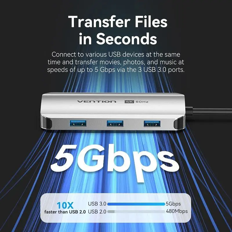 Док-станція USB3.1 Type-C - HDMI 60Hz/USB 3.0x3/PD 100W 5-in-1 Vention (TQDHB) - фото 2