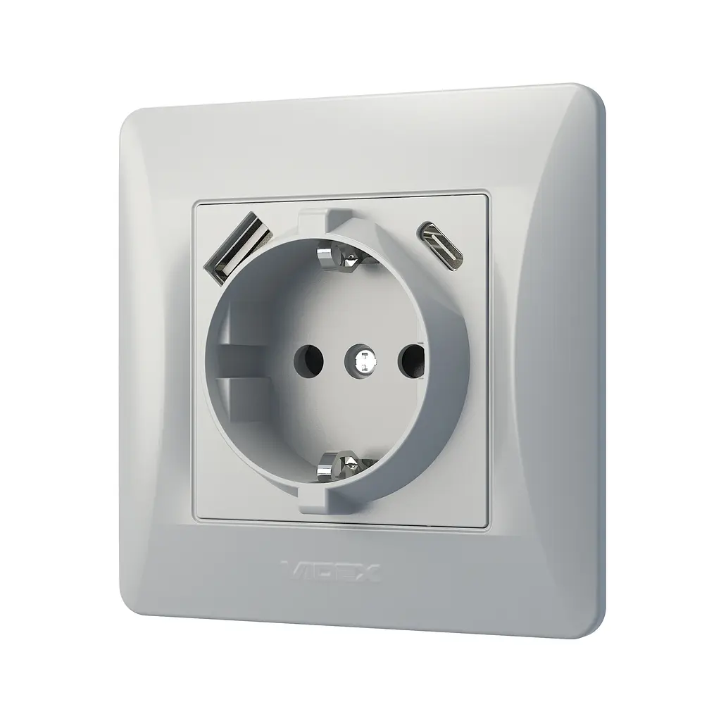 Розетка одинарна із заземленням з USB+USB-C срібний шовк VIDEX BINERA VIDEX (27864-000) - фото 3