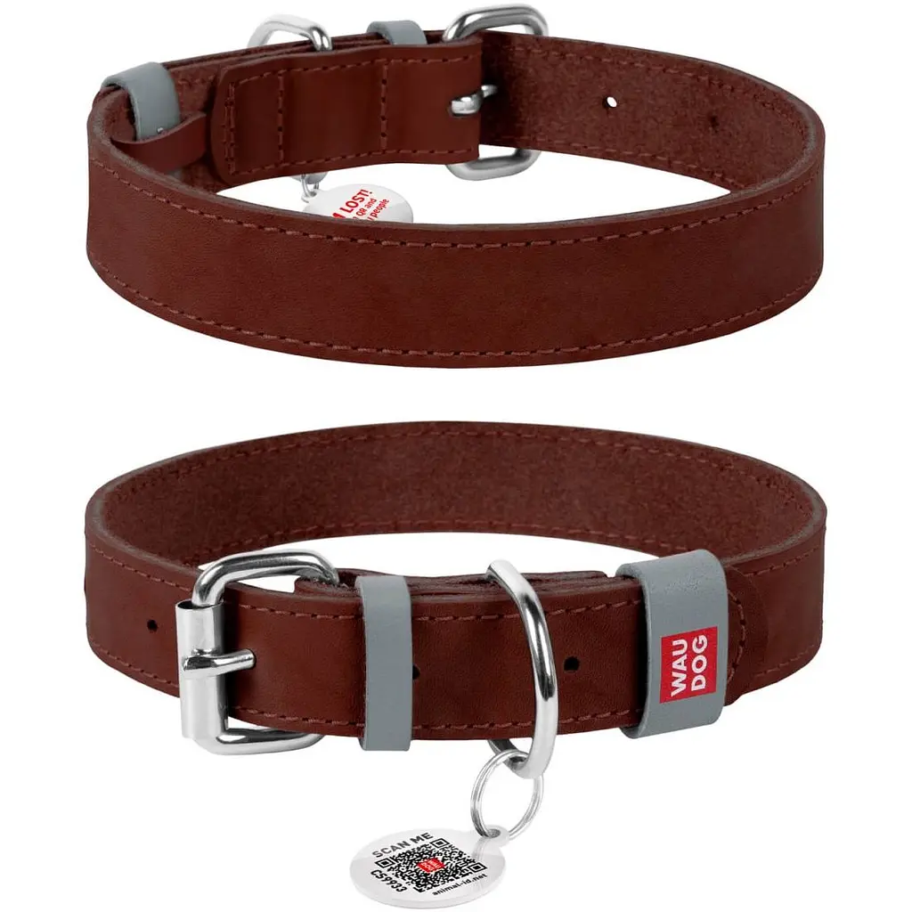 Ошейник для собак Waudog Classic, кожаный, с QR паспортом, 30-39х2 см, коричневый - фото 3