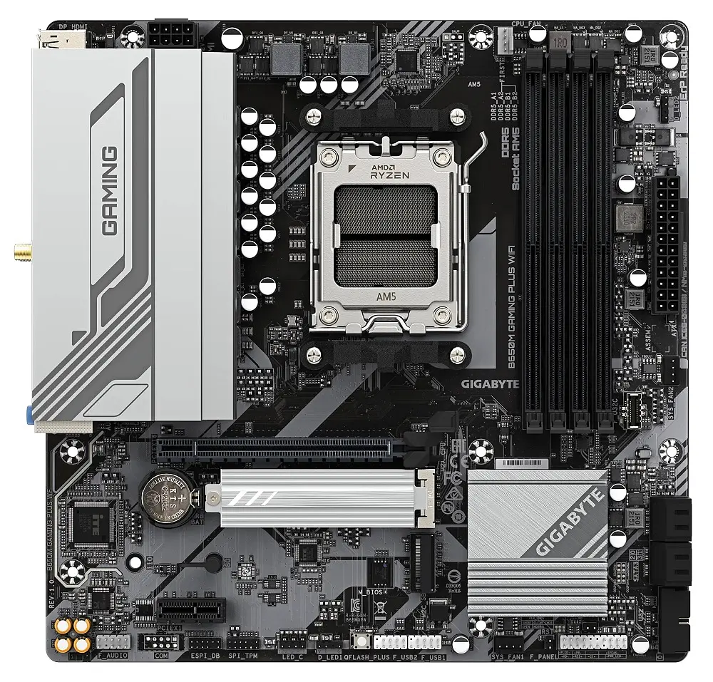 Материнская плата AM5 Gigabyte B650 GAMING PLUS WIFI, B650, 4xDDR5, Int.Video (CPU), 4xSATA3, 2xM.2, 1xPCI-E 4.0x16, 1xPCI-E 3.0x1, Realtek 7. Bluetooth 5.3, 7xUSB 3.2/6xUSB 2.0, HDMI/2xDP, MicroATX - фото 3