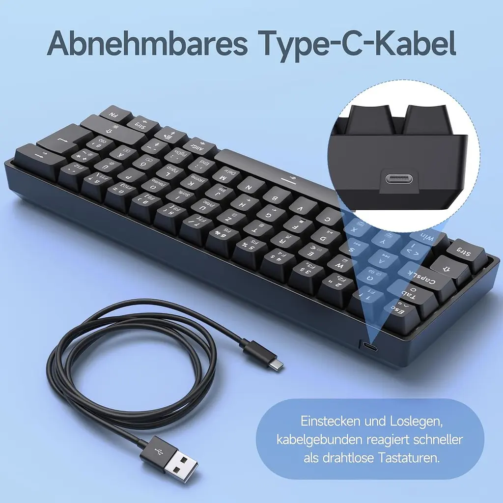 Ігрова механічна клавіатура TMKB T61SE з німецькою розкладкою QWERTZ, синій перемикач, чорний - фото 3