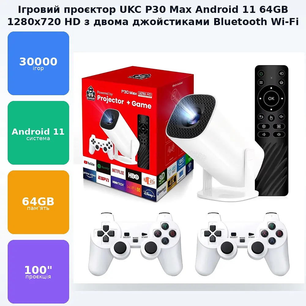 Ігровий проектор Smart TV 3D Game для кіно та ігор смарт домашній кінотеатр з джойстиками 4K Android 11 1080P 1280*720P HD Dual Wi-Fi 6 Bluetooth 5.0 з пультом ДУ 30000 ігор SD 64GB UKC P30 Max - фото 2