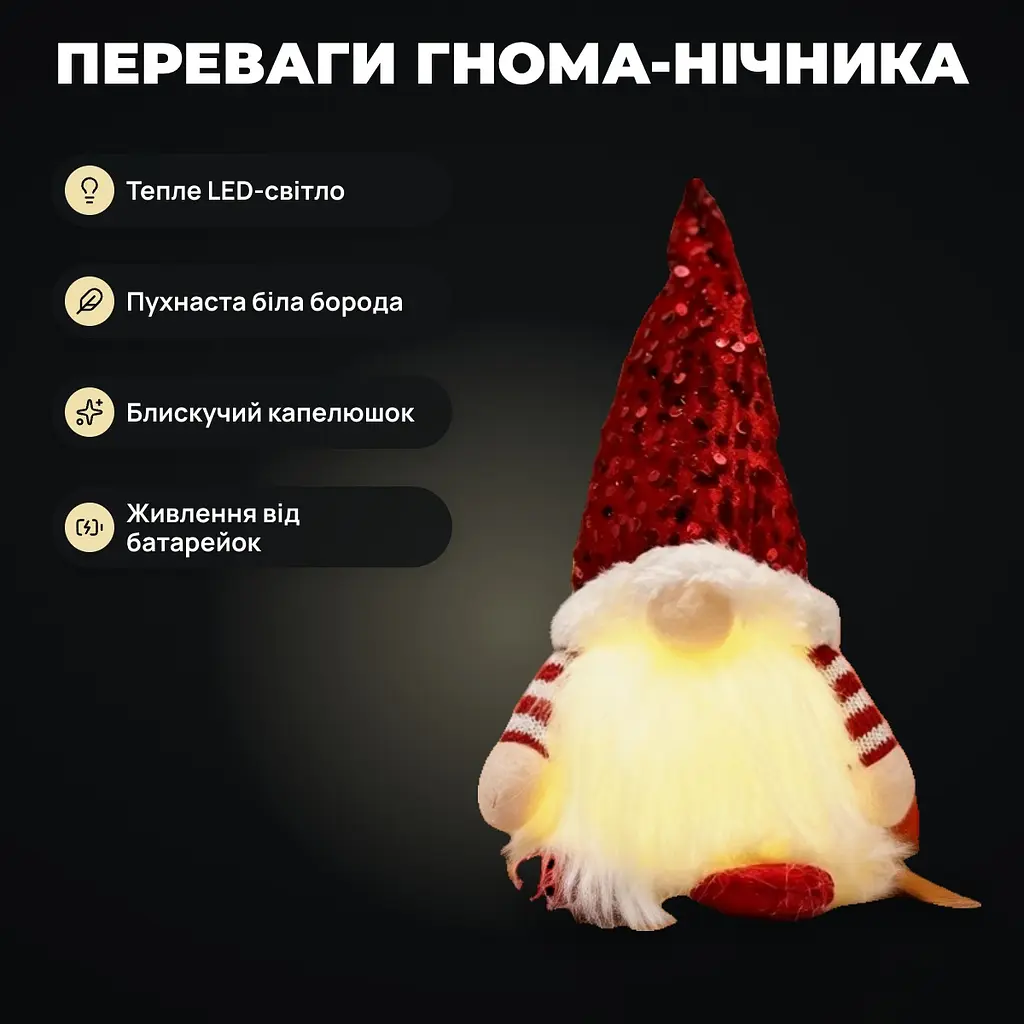 Гном новорічний світлодіодний з блискітками, декор на батарейках - фото 3