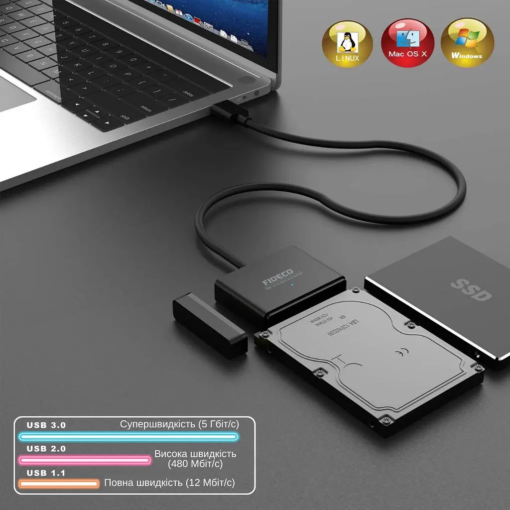 Адаптер Fideco з живленням для 2.5"/3.5" SATA HDD/SSD USB 3.0 Чорний (FMC1PA0SA1PB 2674) - фото 4