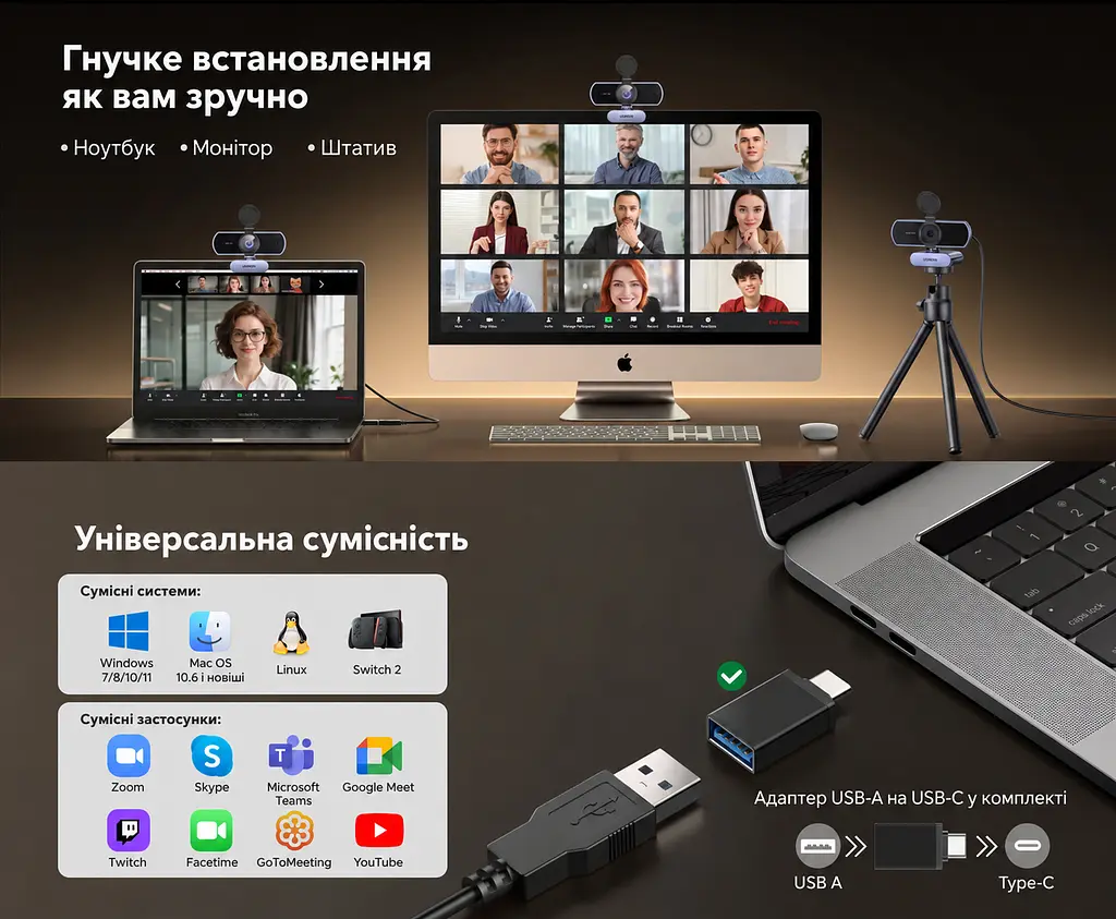 Вебкамера UGREEN CM831 USB-A 4K 30 кадрів/с і 1080p 60 кадрів/с для 4K (65381) - фото 3