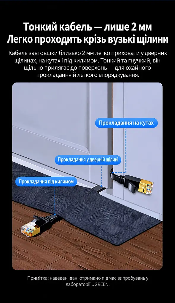 Плоский мережевий кабель UGREEN NW106 0,5 м Ethernet LAN роз’єми RJ45 на обох кінцях Cat7 до 10 Гбіт/с 600 МГц подвійне екранування від перешкод товщина близько 2 мм для прокладання у вузьких щілинах чорний (30738) - фото 3