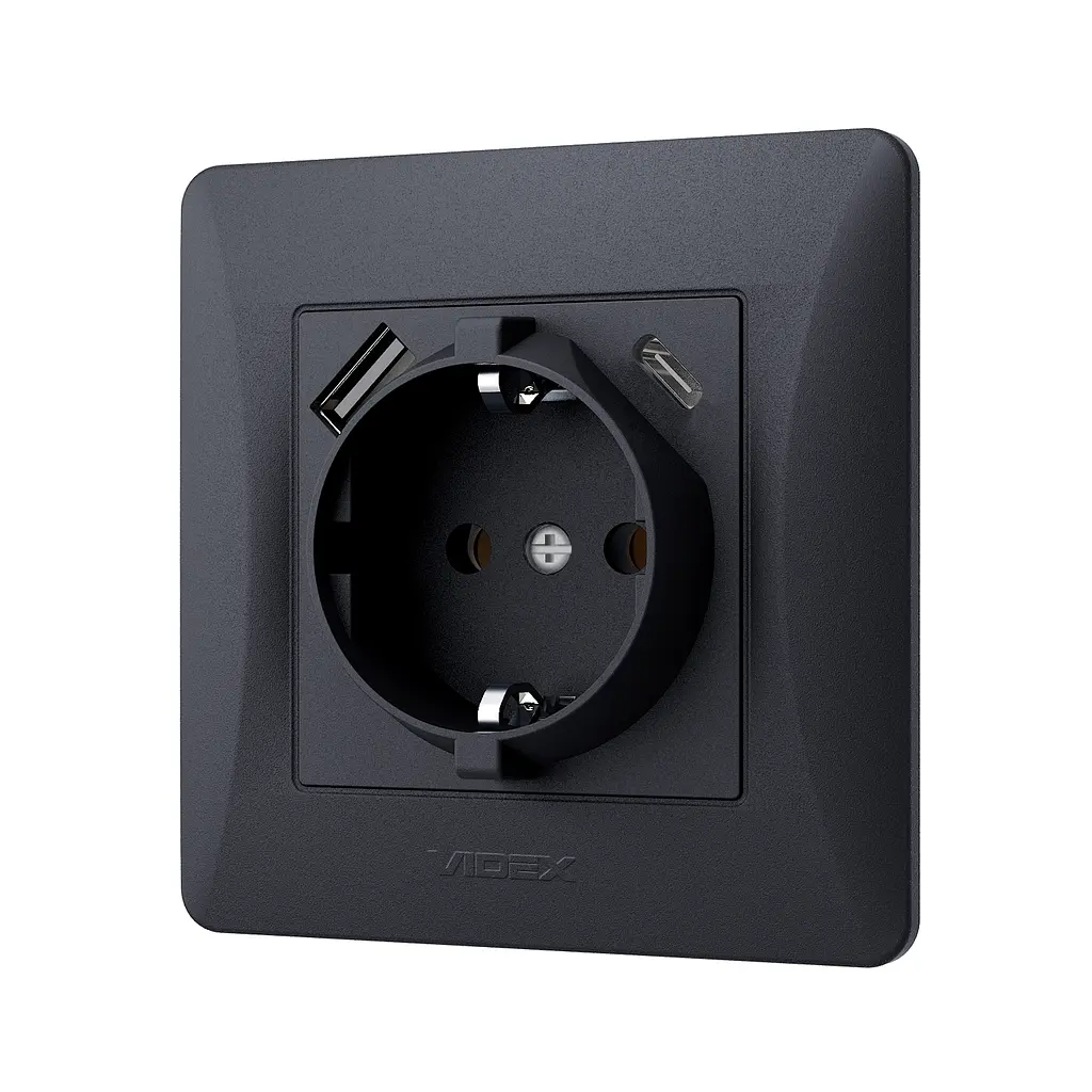 Розетка одинарна із заземленням з USB+USB-C чорний графіт VIDEX BINERA VIDEX (27865-000) - фото 3