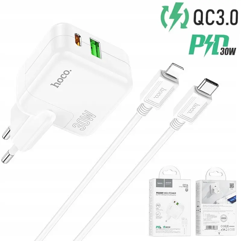 Зарядный набор блок Hoco C111A 2 порта USB A+C 30 Вт и кабель type-C Lightning - фото 3