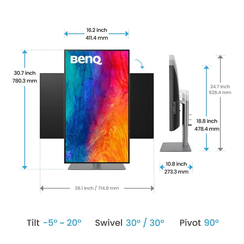 Монітор TFT 32" BenQ PD3225U, IPS, 4K, HDMI, DP, USB-C, USB hub, HAS, Pivot, темно-сірий (9H.LLYLA.TBE) - фото 10
