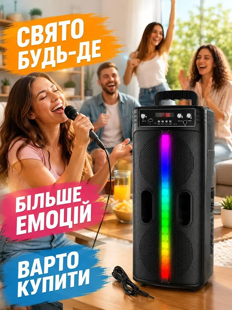 Портативна Bluetooth-колонка чорна 20 Вт з мікрофоном і RGB-підсвічуванням (49676025) - фото 8