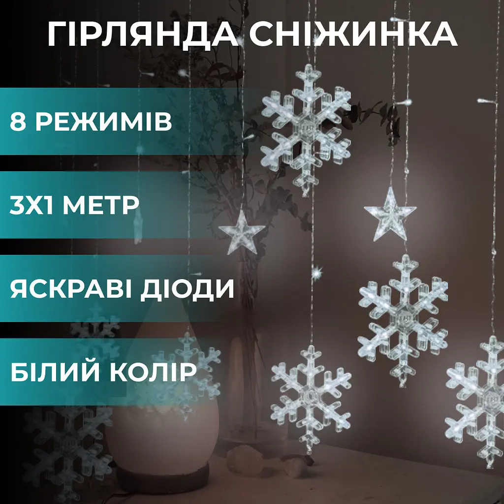 Гірлянда-штора Зірки та сніжинки розмір 3*1 м 12 фігур, білий GarlandoPro 1733064W - фото 6
