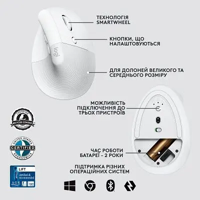 Комп'ютерна мишка Logitech Lift Vertical Ergonomic Wireless/Bluetooth for Business Off-white (910-006496) - фото 6