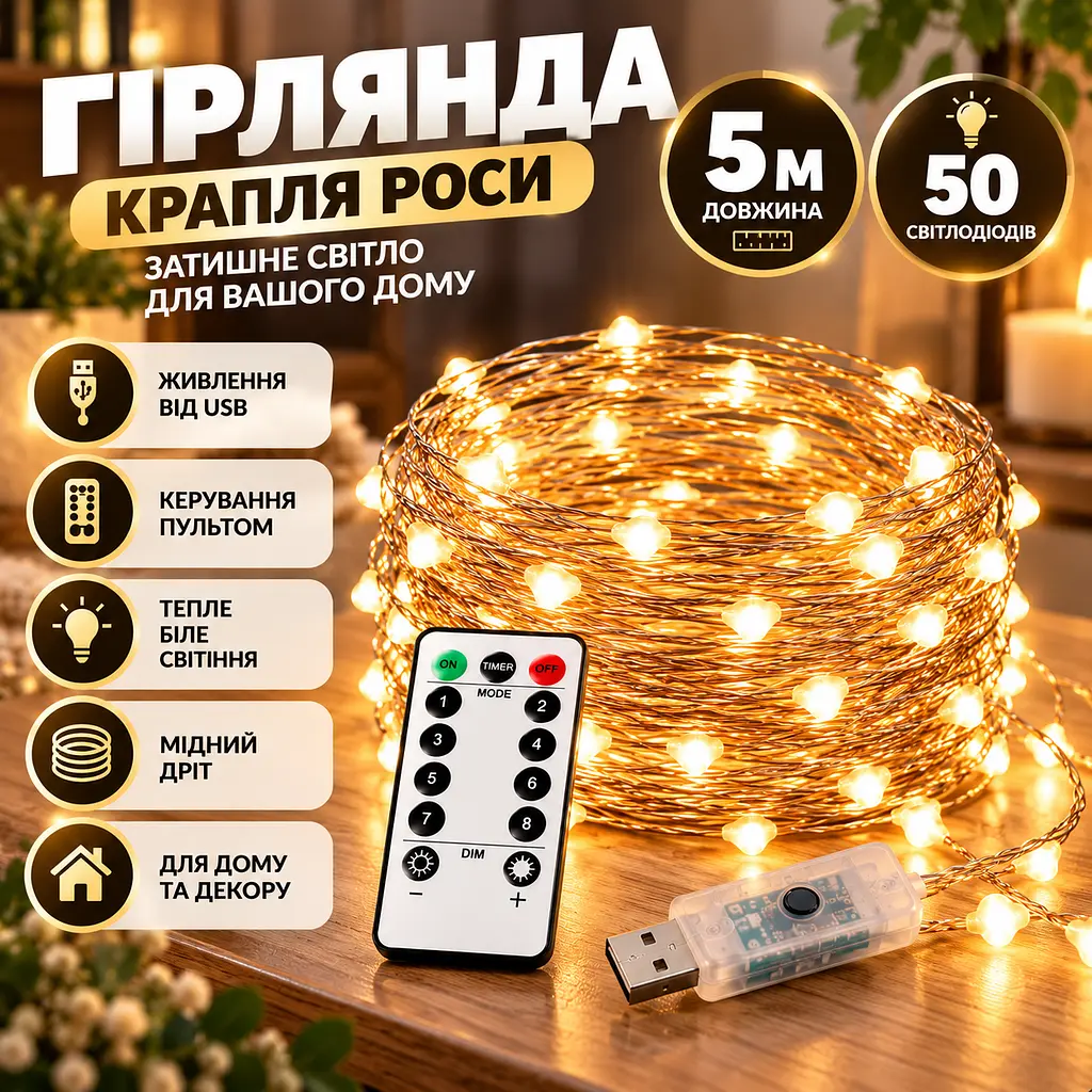 Світлодіодна гірлянда на мідному дроті 5 метрів USB, Теплий білий, з пультом ДК форма лампочки крапля - фото 2