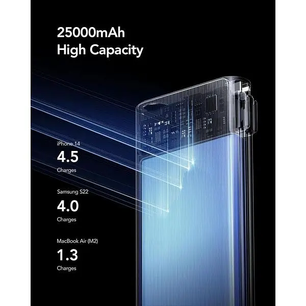 Портативное зарядное устройство Veger 100 Вт с кабелем макс. 130 Вт 25000 мАч ноутбук быстрая зарядка USB C - фото 6