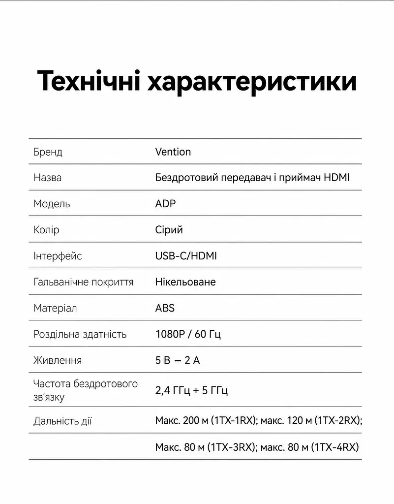 Бездротовий HDMI Vention 1 передавач і 1 приймач 1080p 60 Гц до 200 м на відкритій місцевості потрібне живлення модулів через USB-C кнопка паузи та відновлення трансляції дублювання екрана розширення екрана за підтримки комп’ютером із заводським спарюванням сіро-чорний (ADPH0-1) - фото 3