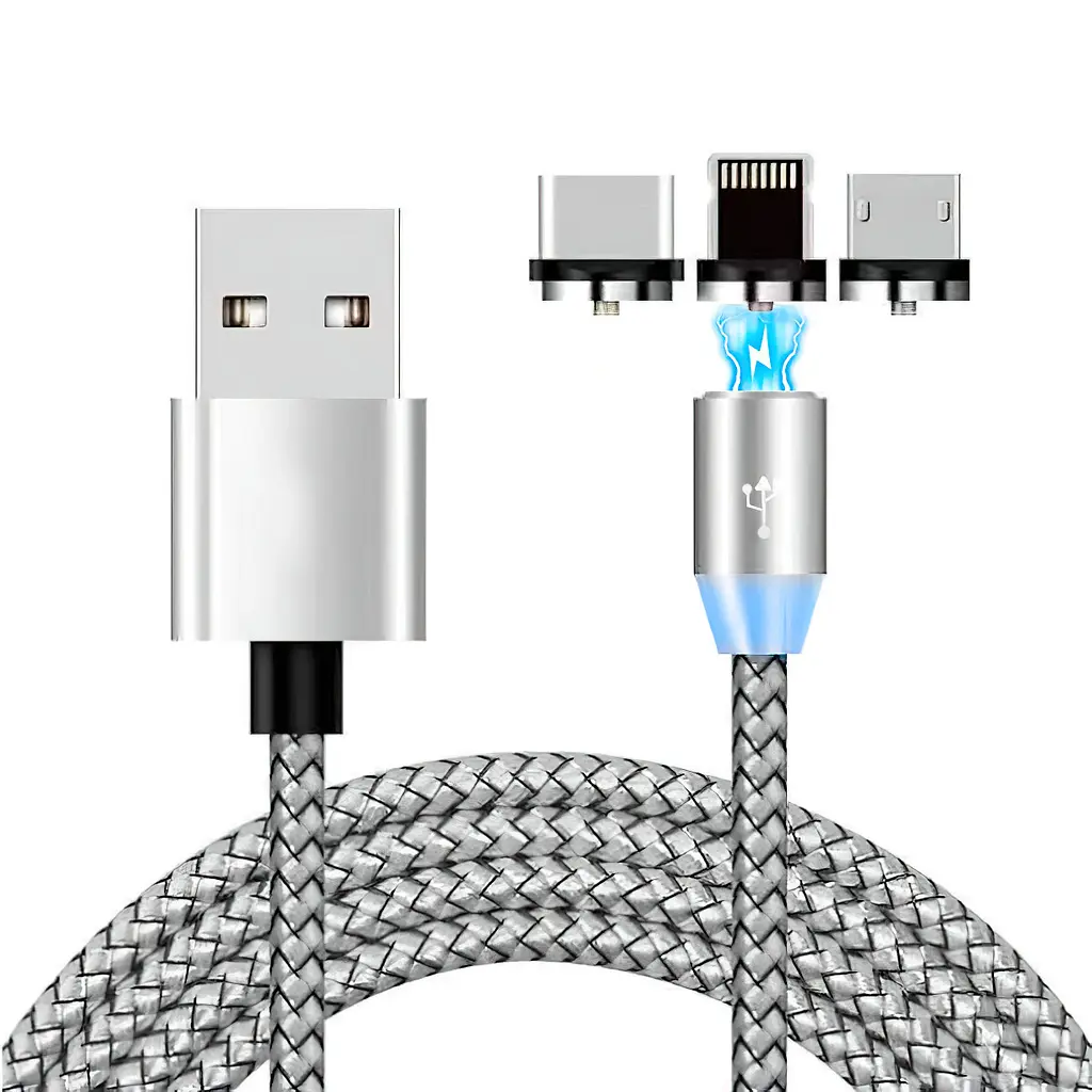 Магнітна зарядка X-Cable 3в1, кабель USB Type-C Micro USB Lightning, сріблястий шнур із підсвічуванням