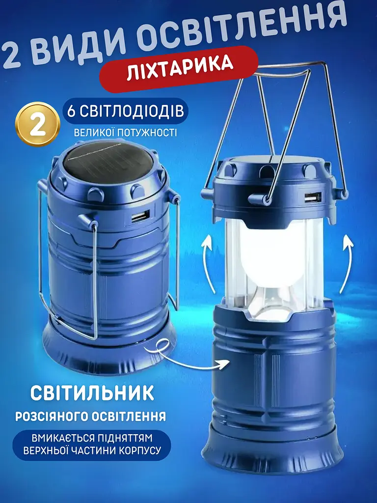 Кемпінговий ліхтарик-лампа 2 в 1світлодіодний акумуляторний на сонячній батареї , блакитний (77006052) - фото 5
