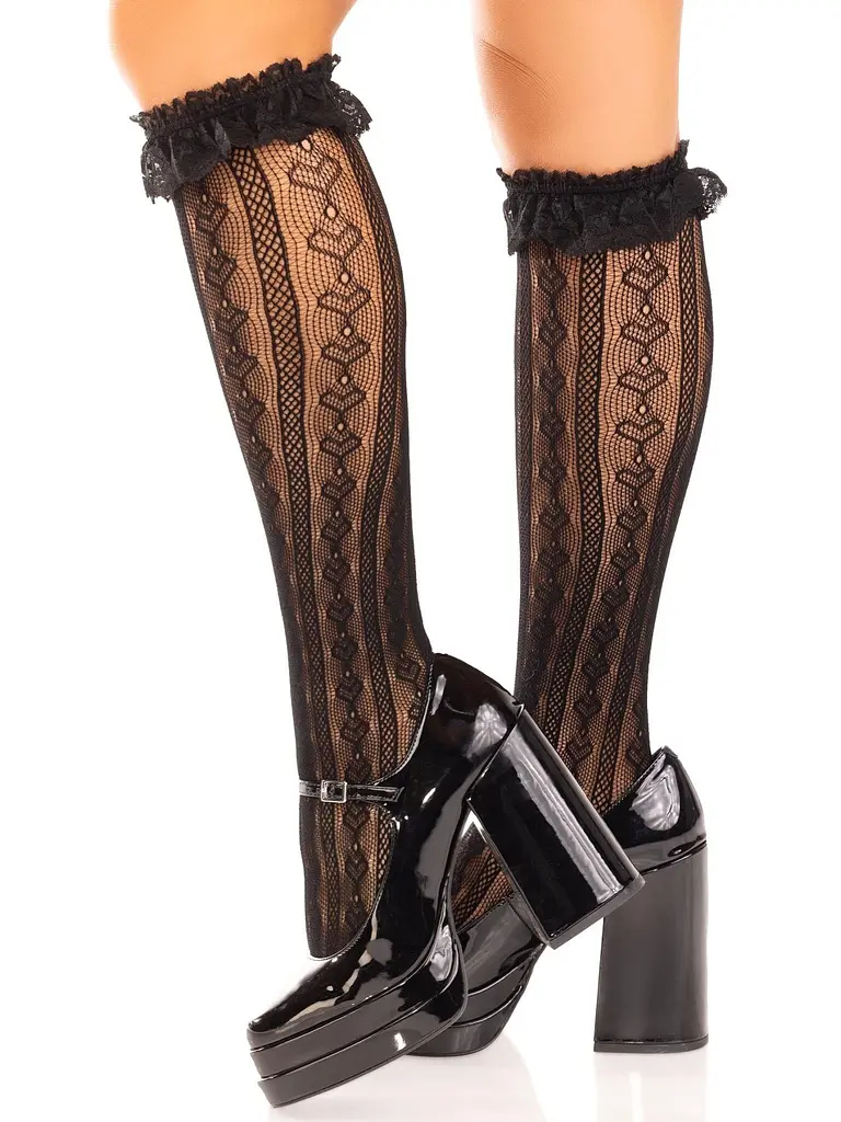 Гольфи ажурні Leg Avenue Sweetheart Ruffle Cuff Knee Highs, чорні, з рюшами, малюнок-сердечка - фото 2