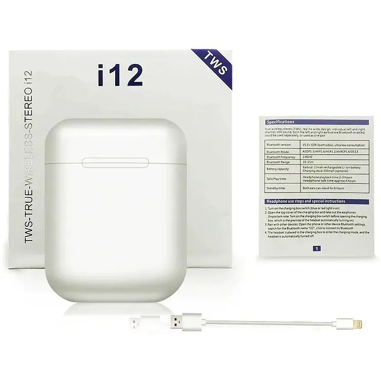 Бездротові блютуз навушники TWS i12 з боксом для заряджання White (au044-hbr) - фото 6