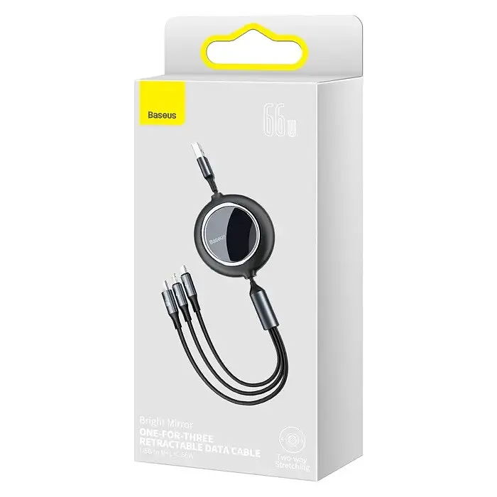 Кабель Baseus Bright Mirror 2 Series Retractable 3-in-1 Fast Charging Data Cable USB to M+L+C 66W 1.1m Чорний - фото 2
