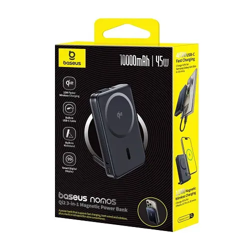 Універсальна мобільна батарея Baseus Nomos Qi2 Magnetic Power Bank Type-C Cable 10 000 mAh 45W чорний P10078800123-00 - фото 2