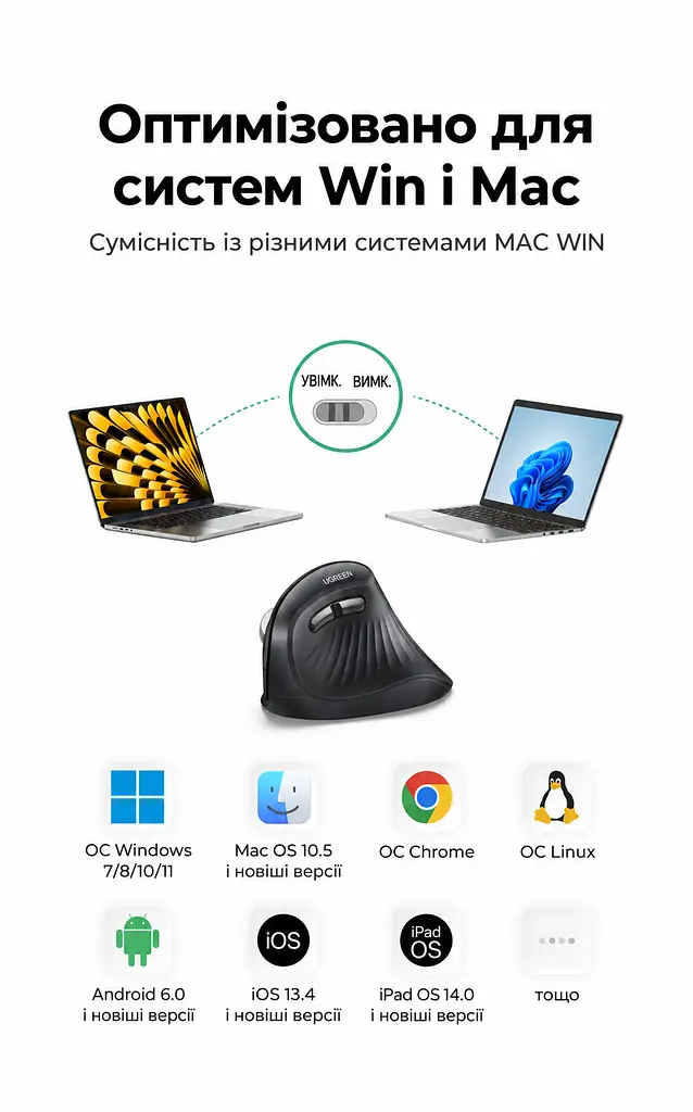Бездротова вертикальна миша UGREEN MU008mini Bluetooth 5.0 2,4 ГГц із комплектним USB-A наноприймачем 5 рівнів чутливості до 4000 DPI потрібна 1 батарейка AA не входить до комплекту для малих і середніх рук перемикання між 3 пристроями тихі натискання кнопки вперед і назад автоматичний сон зберігання приймача всередині миші чорна зі сріблястими вставками (85765) - фото 13