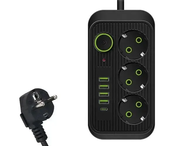 Подовжувач з вимикачем на 3 розетки, з портами USB та Type C, 2500 Вт, 2 м, чорний - фото 3
