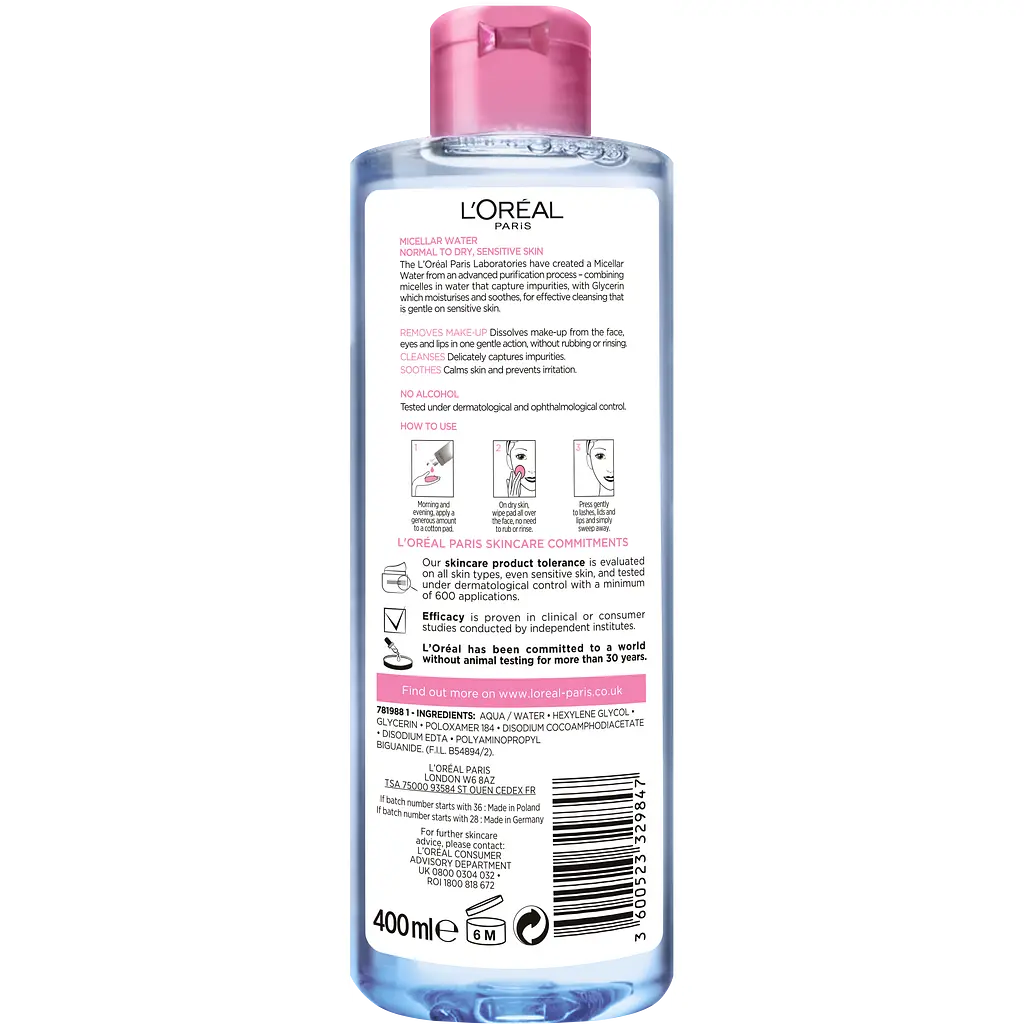 Мицеллярная вода L'Oreal Paris Skin Expert, для сухого и чувствительного типа кожи, 400 мл (A8948100) - фото 2