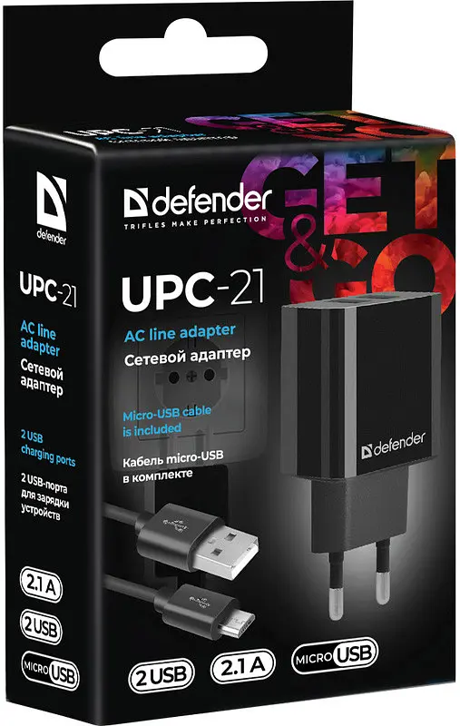 Зарядний пристрій 2xUSB 12W 2.1A UPC-21 + кабель microUSB, чорний Defender - фото 7