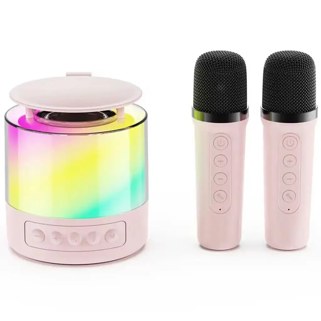 Портативная блютуз колонка караоке Smart portable speaker K-19 5W, Розовый, музыкальная колонка с микрофонами - фото 3