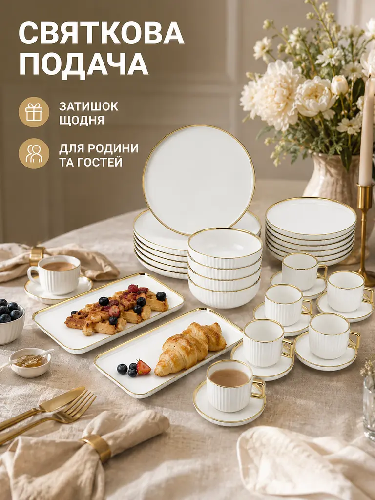 Столовий сервіз фарфоровий на 6 персон 32 предмети молочно-білий з золотою окантовкою (49676212) - фото 4