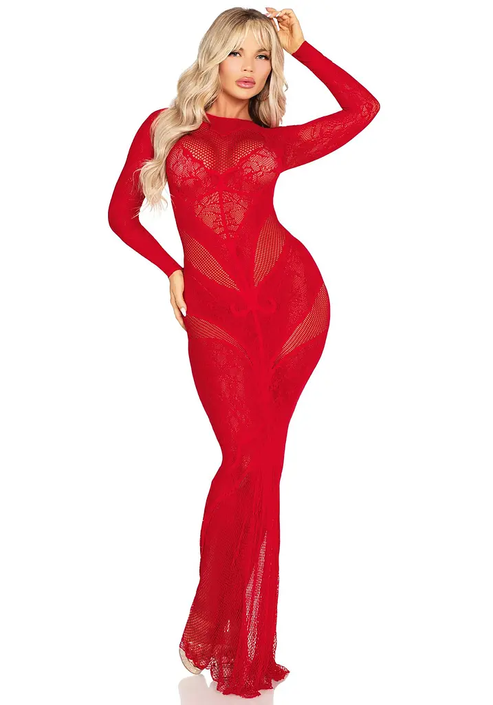 Сукня з довгим рукавом Leg Avenue Lace and Net Bodycon Gown One Size, Red - фото 2