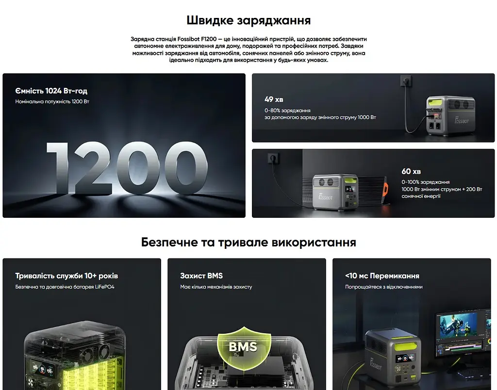 Портативна зарядна станція FOSSiBOT F-1200 1200 W 1024 Wh LiFePO4, BMS, UPS, MPPT 200W max, XT60-12V/30А - фото 7