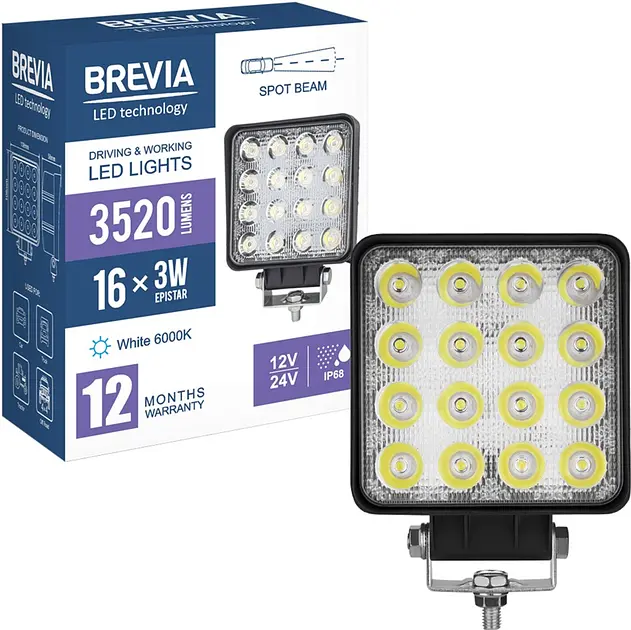 LED фара Brevia Flood Ближнє світло 10-30V 48W (16x3W) 3520Lm Алюмінієвий корпус IP68 (10652QFX1) - фото 8