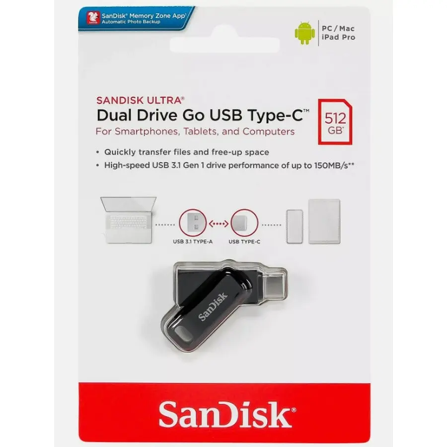 Флеш-накопичувач Sandisk Ultra Dual Go 512Gb - 2 виходи USB-A + Type-C (150 Mb/s) SDDDC3-512G-G46 - фото 3