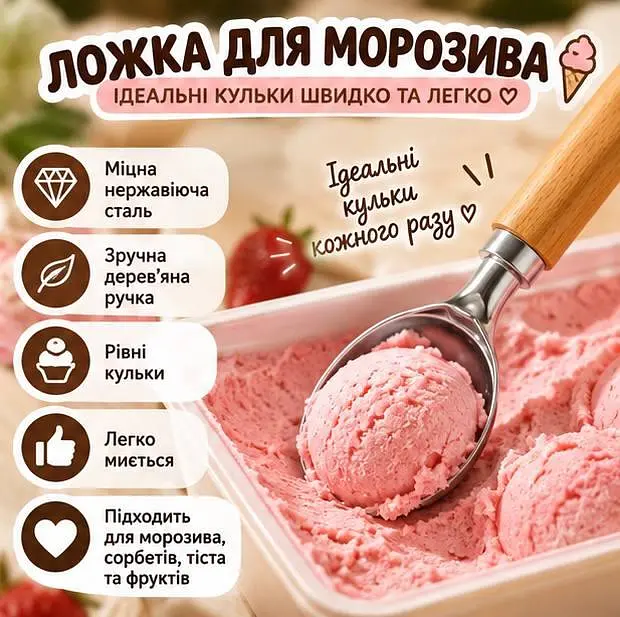 Ложка для морозива та десертів з дерев'яною ручкою - кухонна ложка-совок для порціонування - фото 2