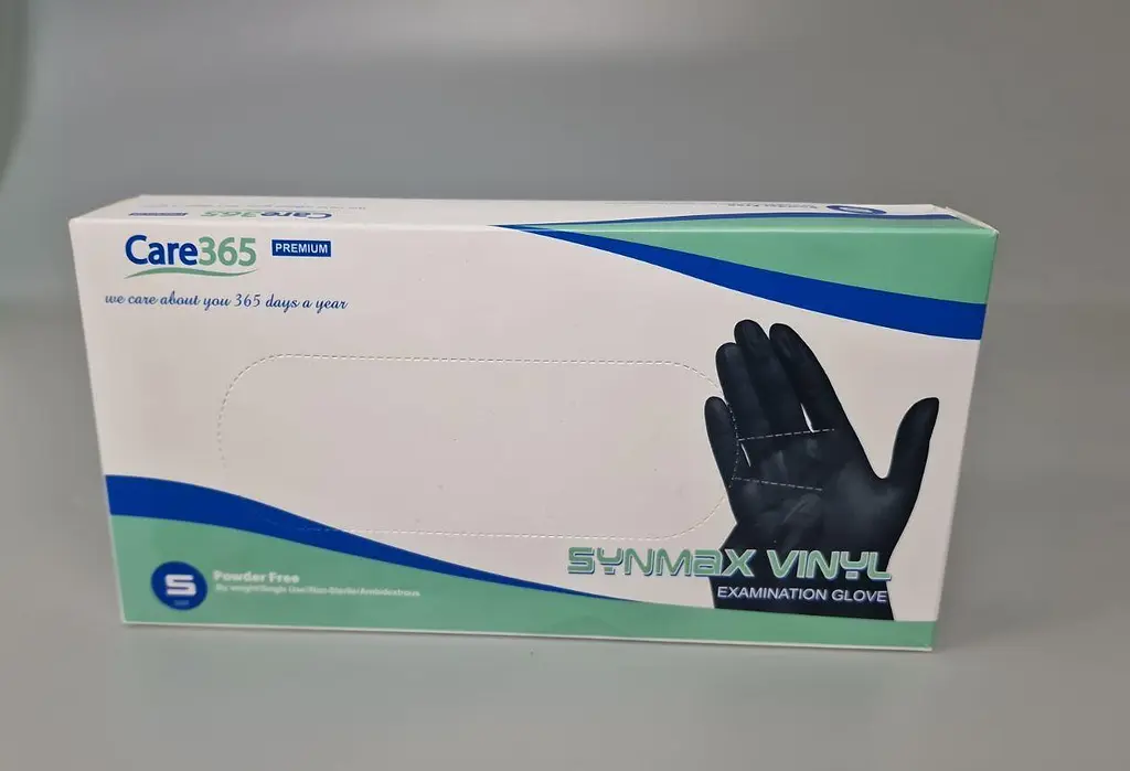 Рукавички одноразові вінілові чорні CARE 365, розмір S, 100 шт, неопудрені, для огляду, клінінгу та сервісу