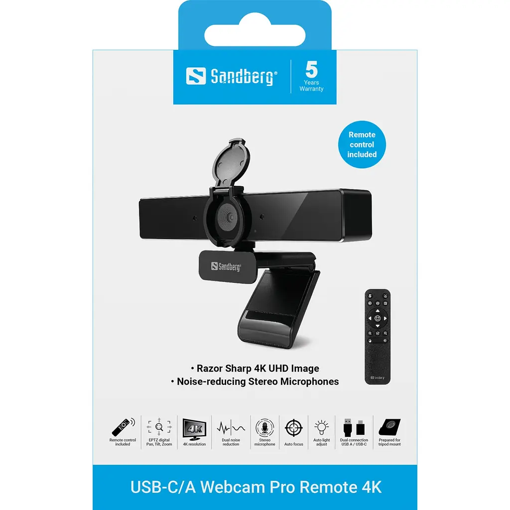Веб-камера Sandberg 4K Webcam USB-A/USB-C connection, ENC, Remote control - фото 8