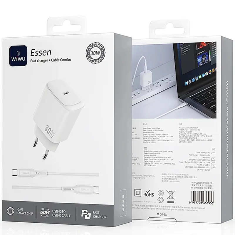 Мережевний зарядний пристрій WIWU G008 Essen PD30W GaN 1USB-C + кабель Type-C to Type-C White - фото 2