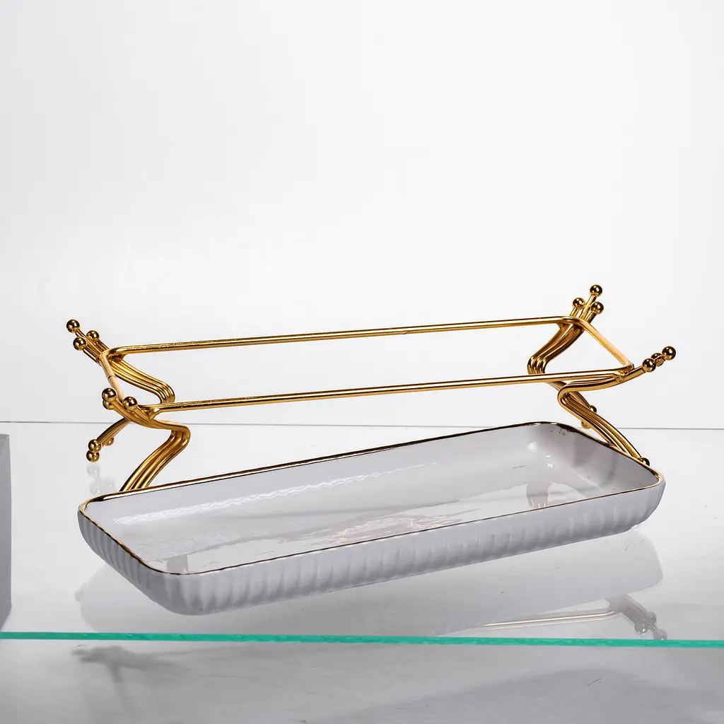 Фарфоровое сервировочное блюдо на металлической подставке 29.5×12×9 (см) блюдо для подачи закусок Белый с золотом Yiwu LB-1565G - фото 5