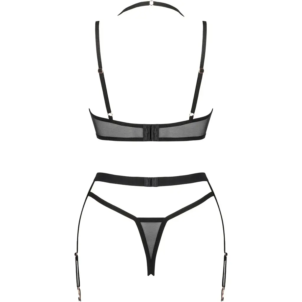 Комплект білизни Obsessive Selinne 3-pcs set M/L Black, бюстгальтер, стрінги пояс для панчіх - фото 4