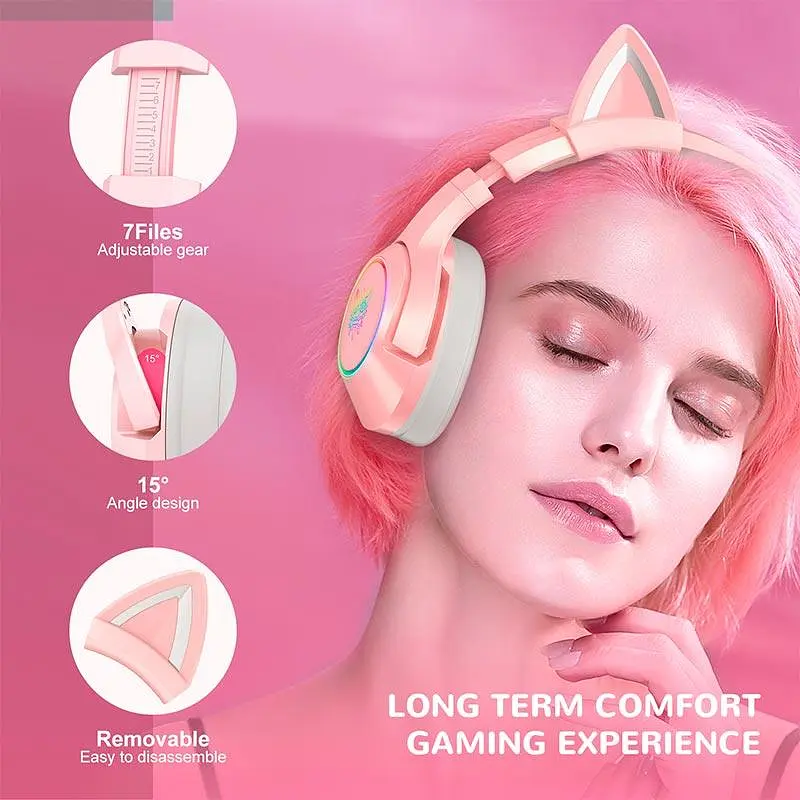 Накладні навушники Onikuma Gaming CAT with LED K9 7.1, USB, 2x3.5mm, 2.2m, pink - фото 7