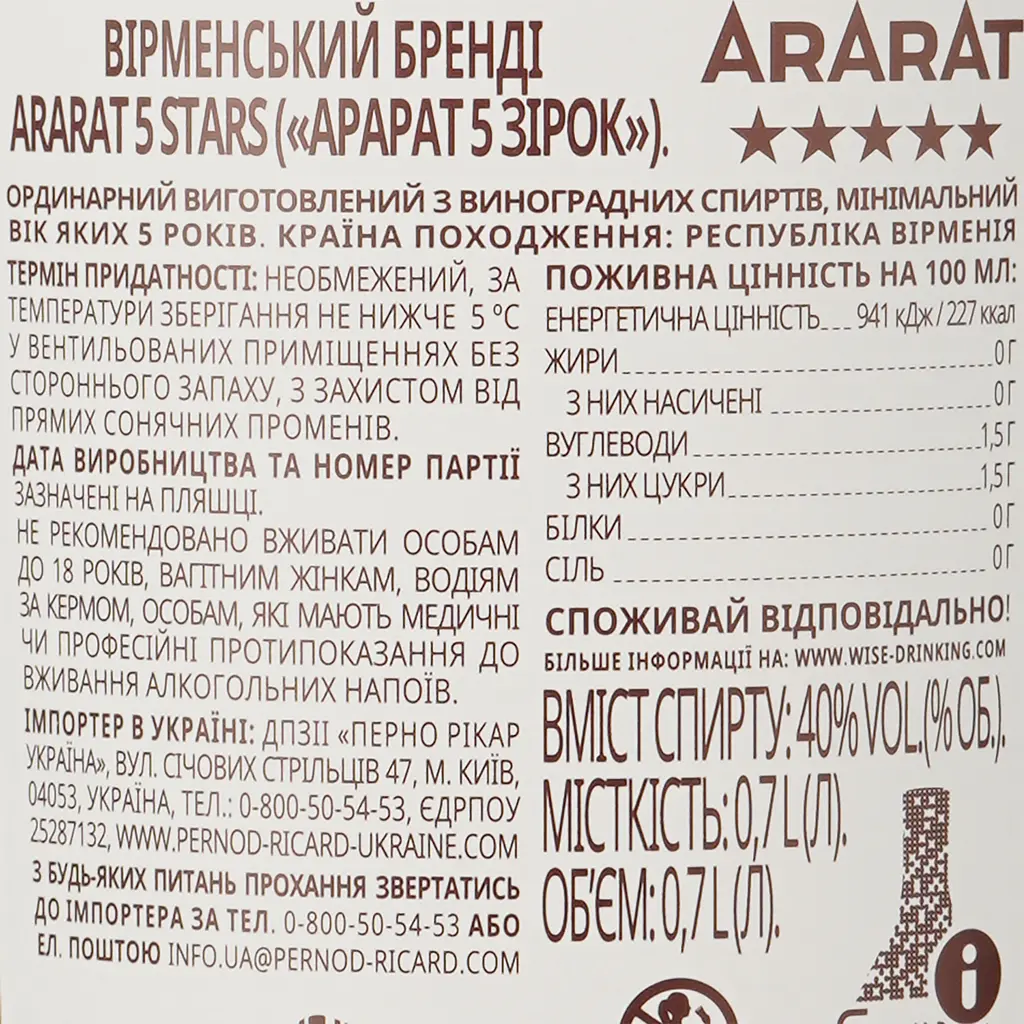 Уцінка. Бренді Арарат 5 зірок в коробці 40% 0.7 л (193087)  - фото 4