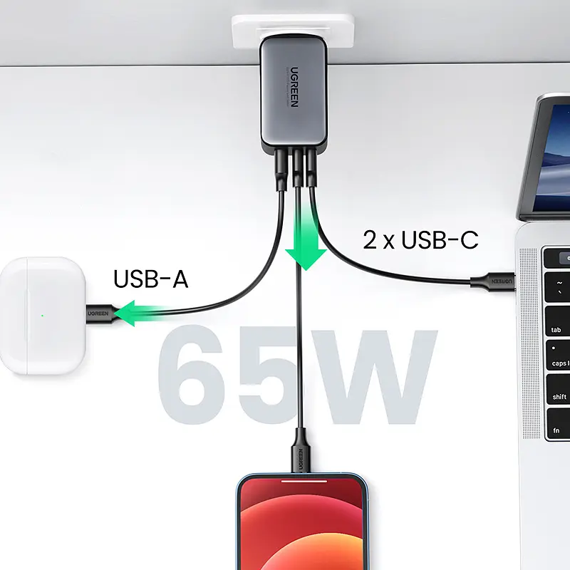 Зарядний пристрій 3xUSB 65W GaN 2хUSB-C+USB-A CD244 Сірий Ugreen - фото 4