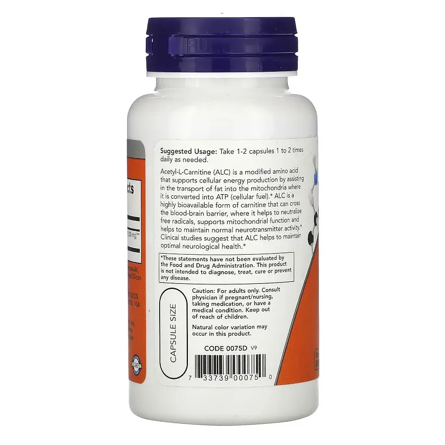 Жироспалювач NOW Acetyl-L-Carnitine 500 mg, 50 вегакапсул - фото 3