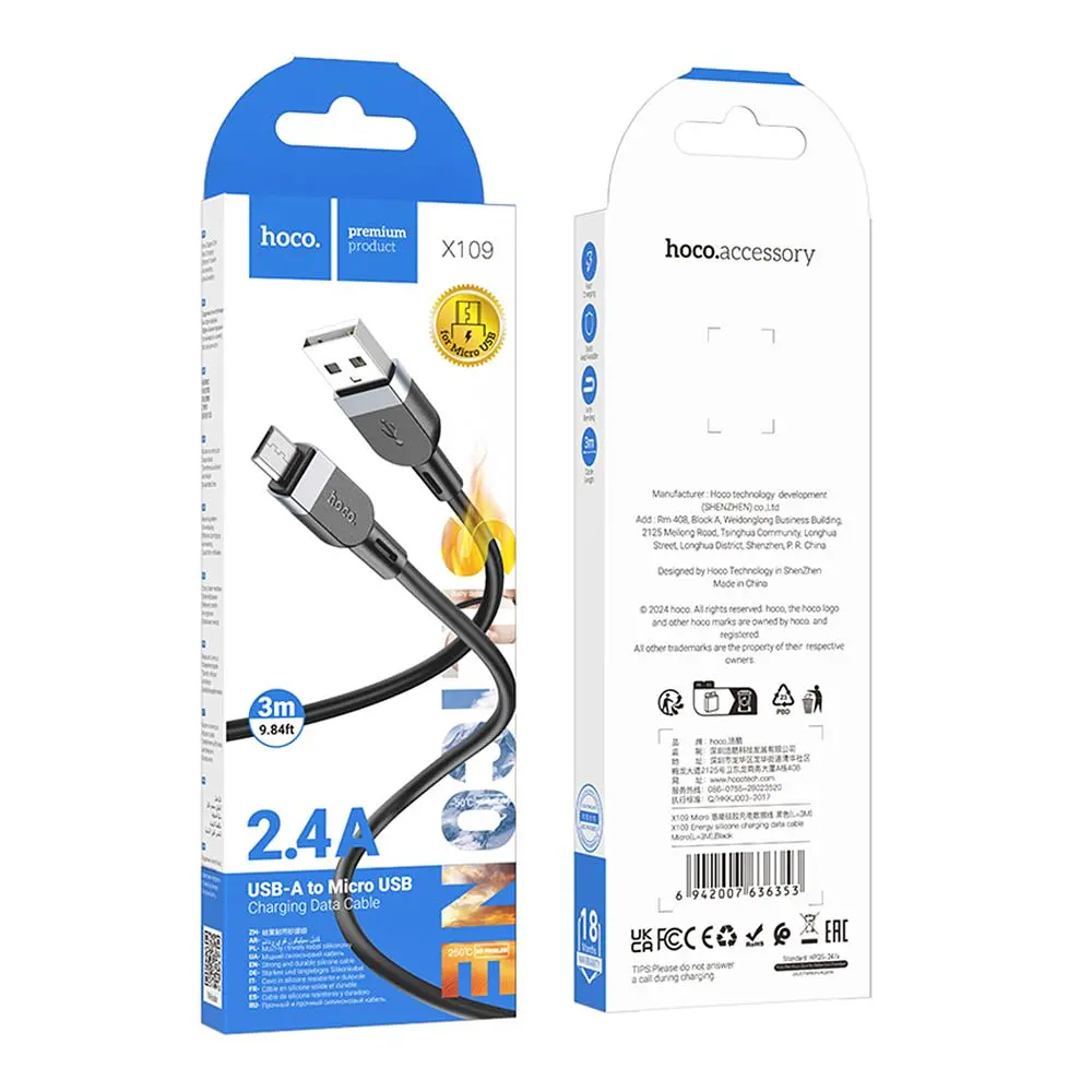Кабель синхронізації Hoco X109 Silicone USB to MicroUSB 2.4A 3 м Black (35928_3605834) - фото 3