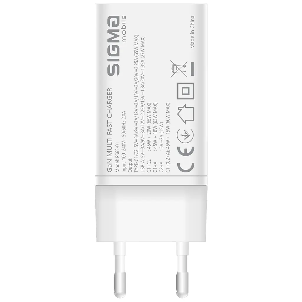 Зарядний пристрій Sigma 2xUSB-C PD65 Вт + 1xUSB QC3.0 GaN X-power PS65-01 білий (4827798637715) - фото 3