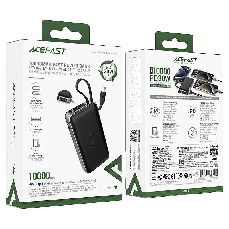 Зовнішній аккумулятор ACEFAST M7 PD30W power bank with cable 10000mAh, чорний - фото 3